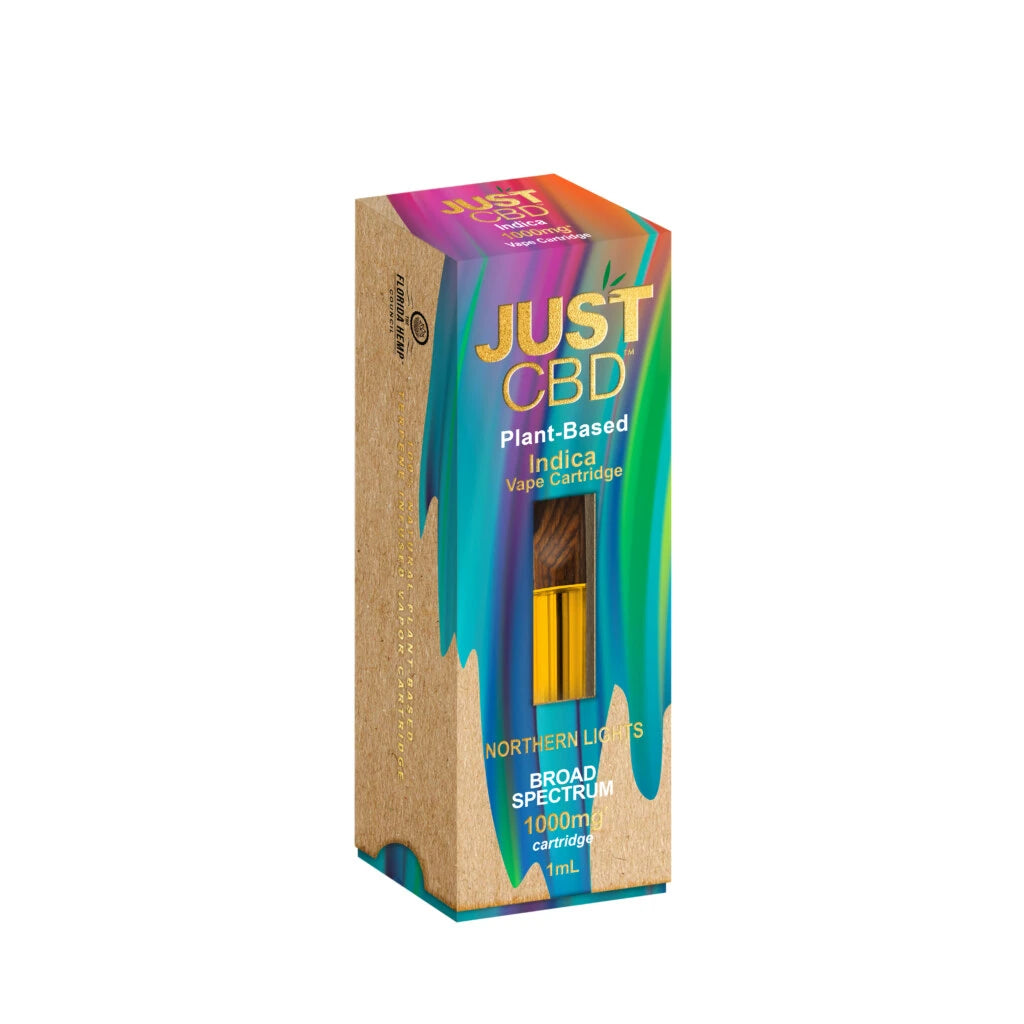 JustCBD high strength 1000mg distillate vape cartridge in Northern Lights strain.