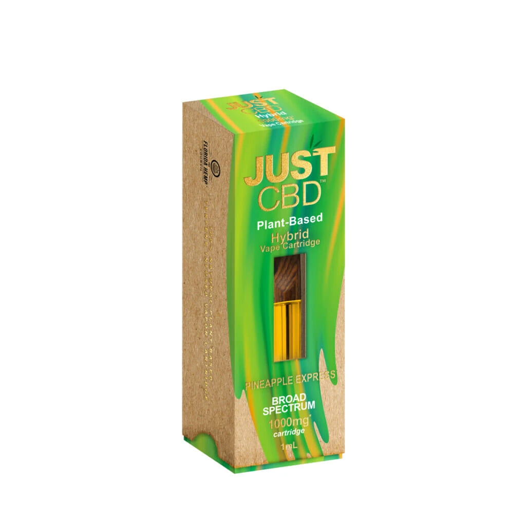 JustCBD high strength 1000mg distillate vape cartridge in Pineapple Express strain.
